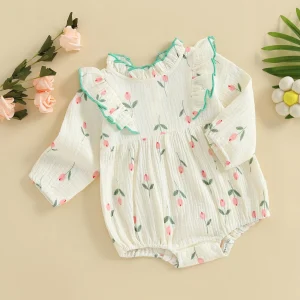 Girls Casual Ruffles Floral Print Jumpsuit - Newborn