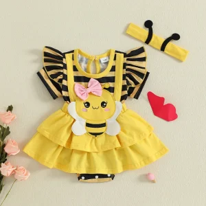 Bumble Bee Print Romper with Matching Headband Set