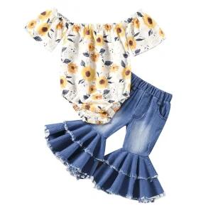 Girls Floral Boat Neck Top with Flare Pants
